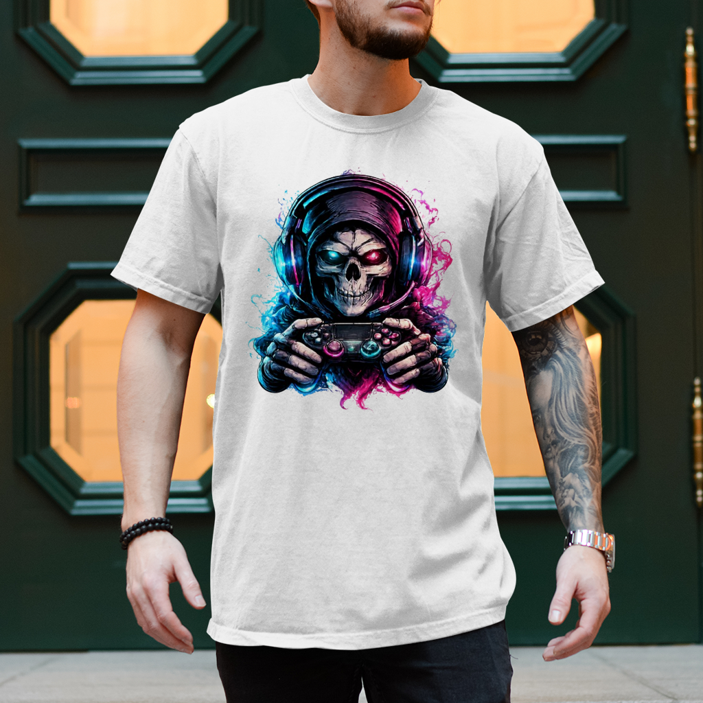 Herren T-Shirt Grimmiger Gamer mit leuchtendem Headset