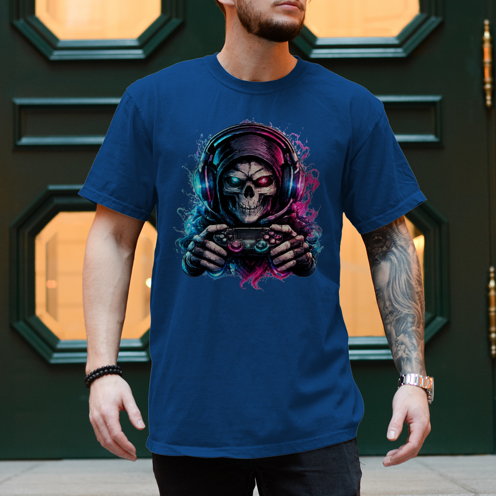 Herren T-Shirt Grimmiger Gamer mit leuchtendem Headset