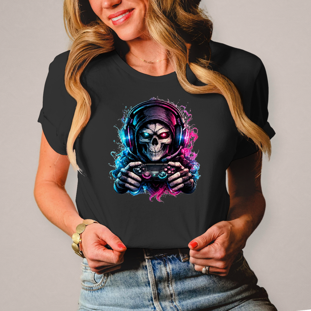 Damen T-Shirt Grimmiger Gamer mit leuchtendem Headset