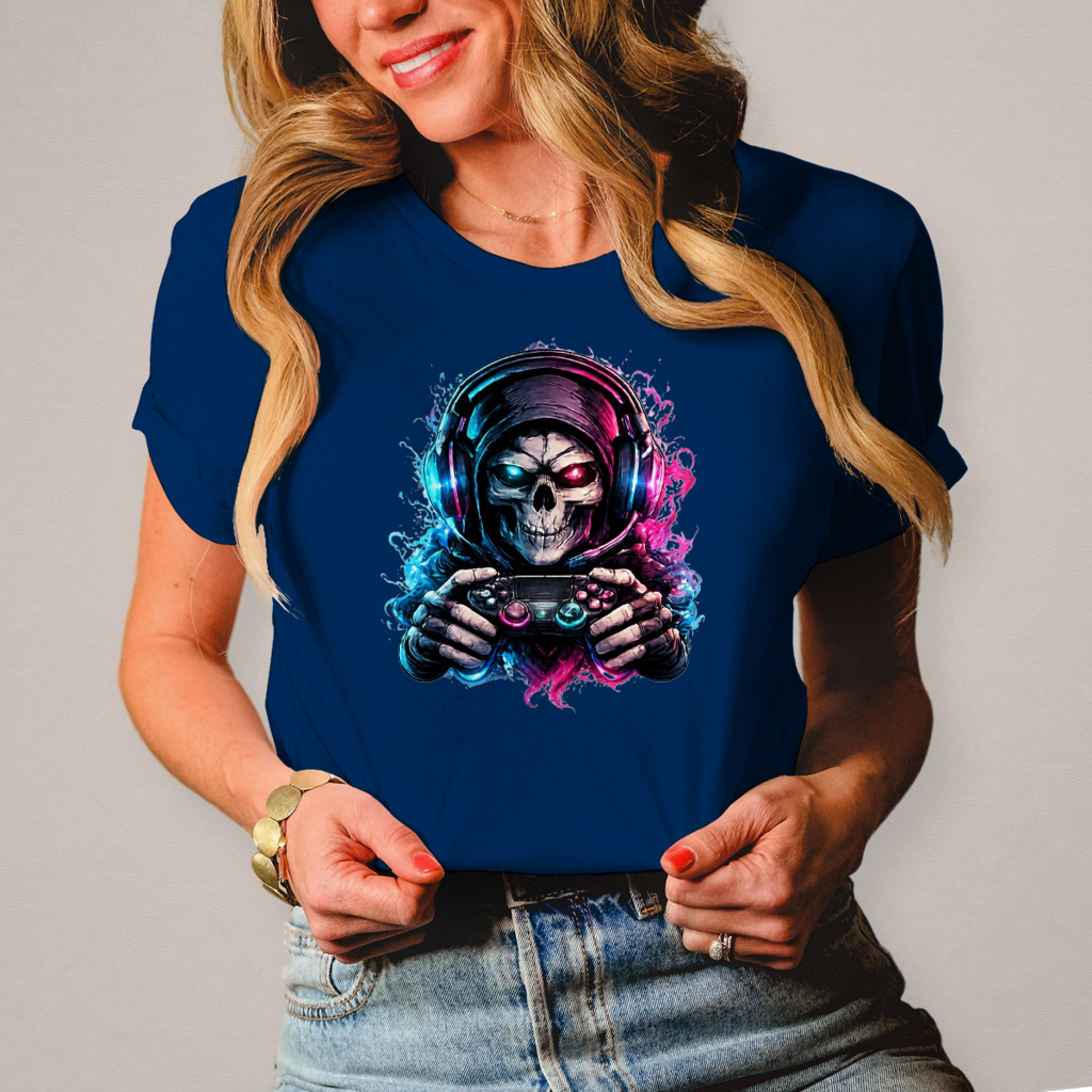 Damen T-Shirt Grimmiger Gamer mit leuchtendem Headset