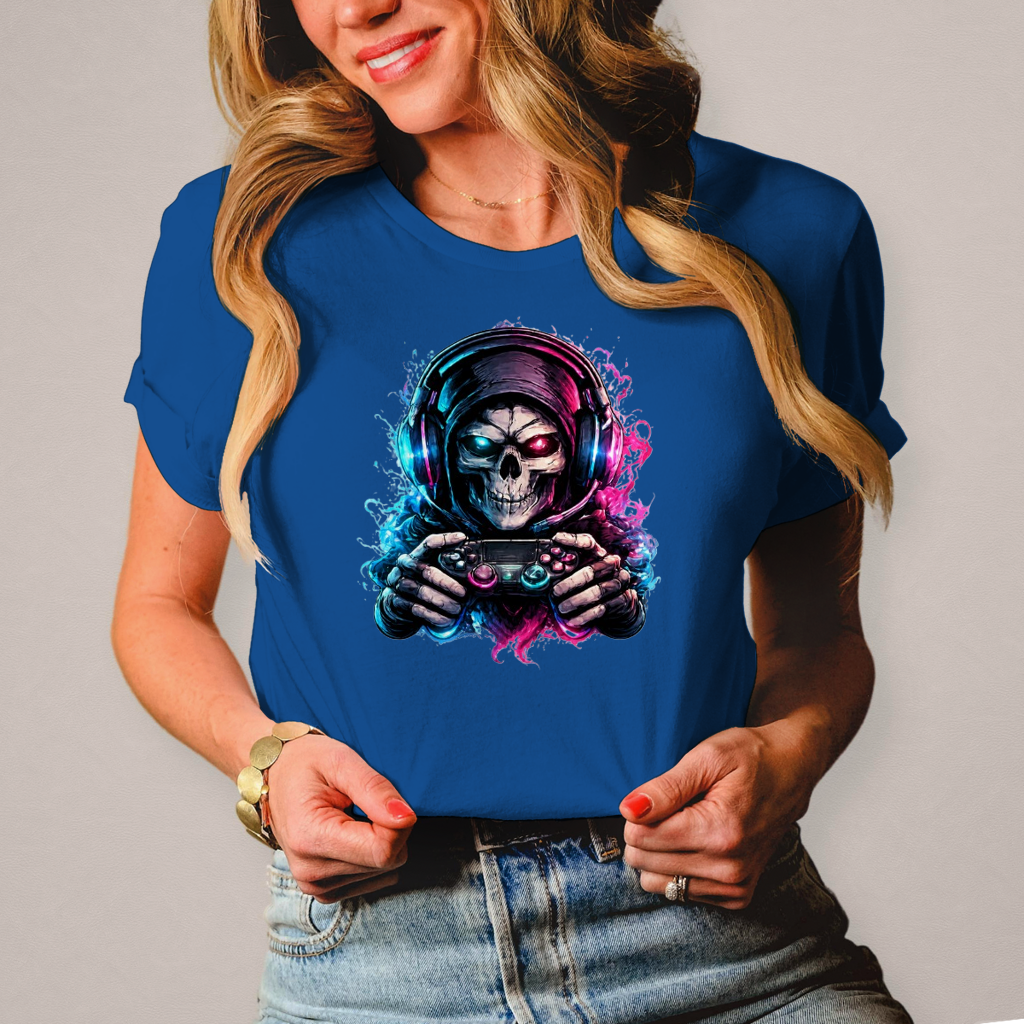 Damen T-Shirt Grimmiger Gamer mit leuchtendem Headset