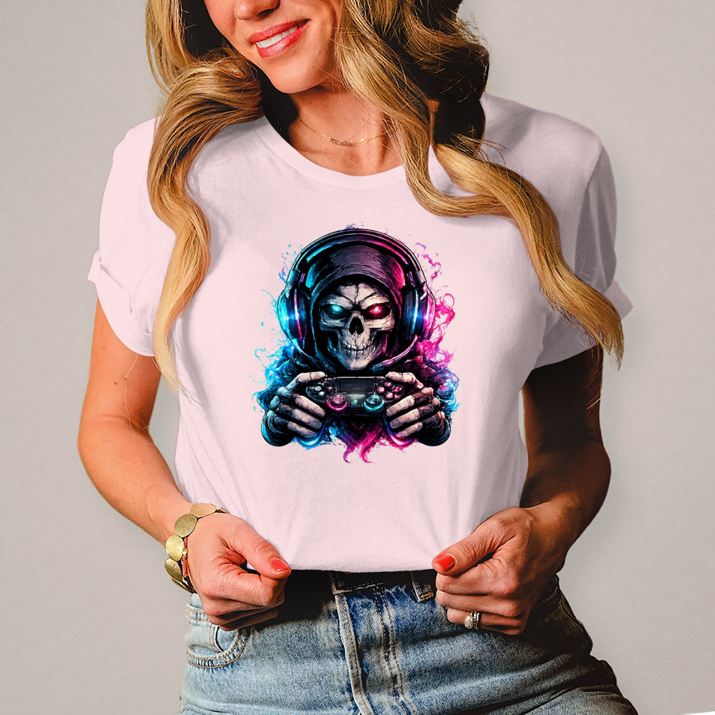 Damen T-Shirt Grimmiger Gamer mit leuchtendem Headset