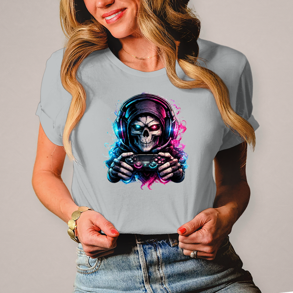 Damen T-Shirt Grimmiger Gamer mit leuchtendem Headset