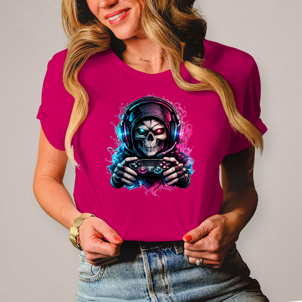 Damen T-Shirt Grimmiger Gamer mit leuchtendem Headset