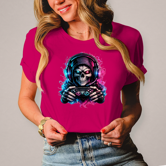 Damen T-Shirt Grimmiger Gamer mit leuchtendem Headset