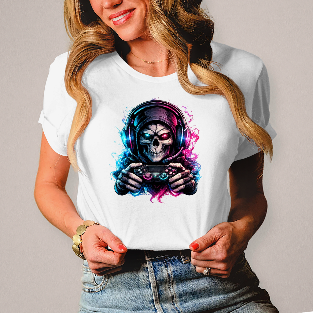 Damen T-Shirt Grimmiger Gamer mit leuchtendem Headset