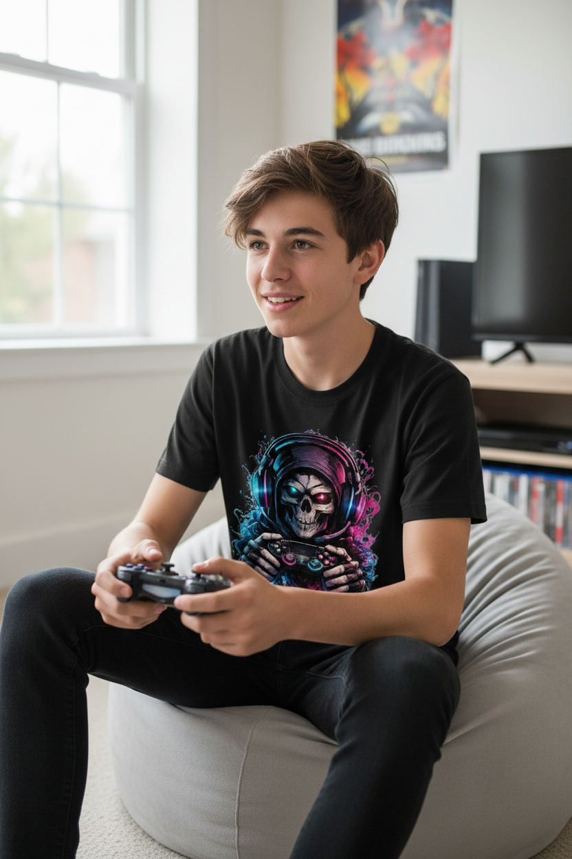 Kinder Basic T-Shirt Grimmiger Gamer mit leuchtendem Headset