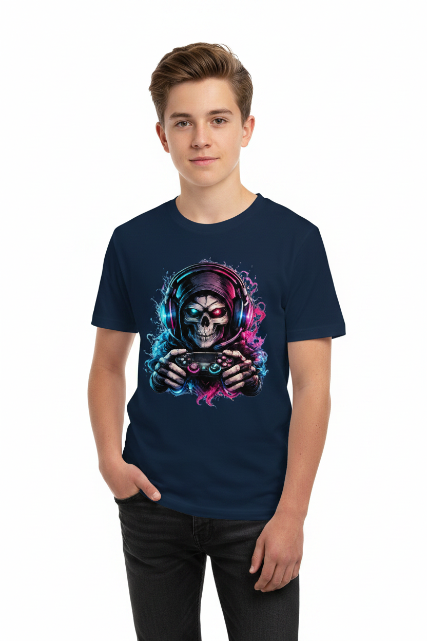 Kinder Basic T-Shirt Grimmiger Gamer mit leuchtendem Headset