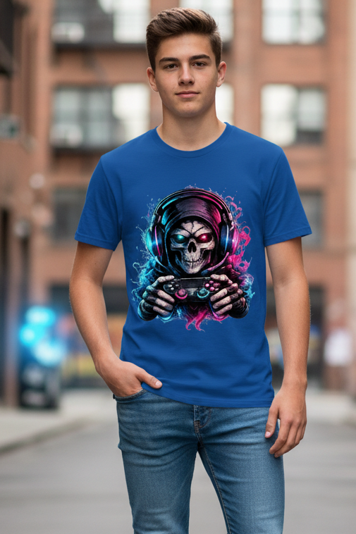 Kinder Basic T-Shirt Grimmiger Gamer mit leuchtendem Headset