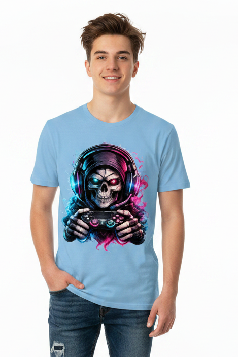 Kinder Basic T-Shirt Grimmiger Gamer mit leuchtendem Headset