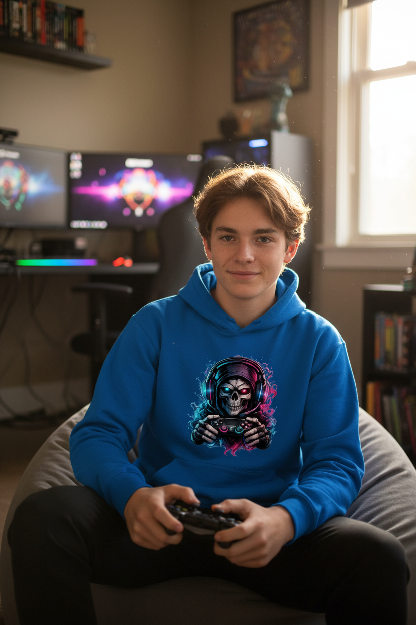 Kids Basic Hoodie Grimmiger Gamer mit leuchtendem Headset