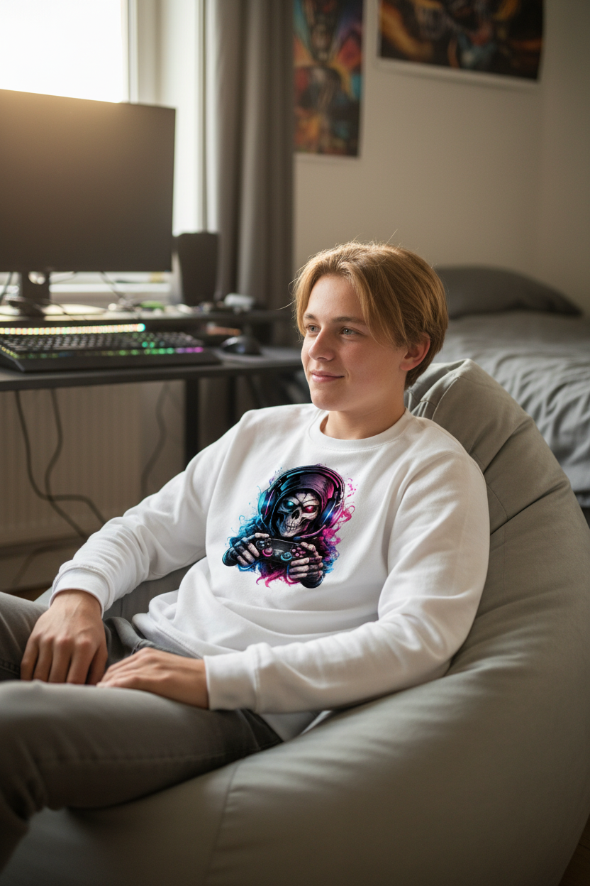 Kinder Sweatshirt Grimmiger Gamer mit leuchtendem Headset