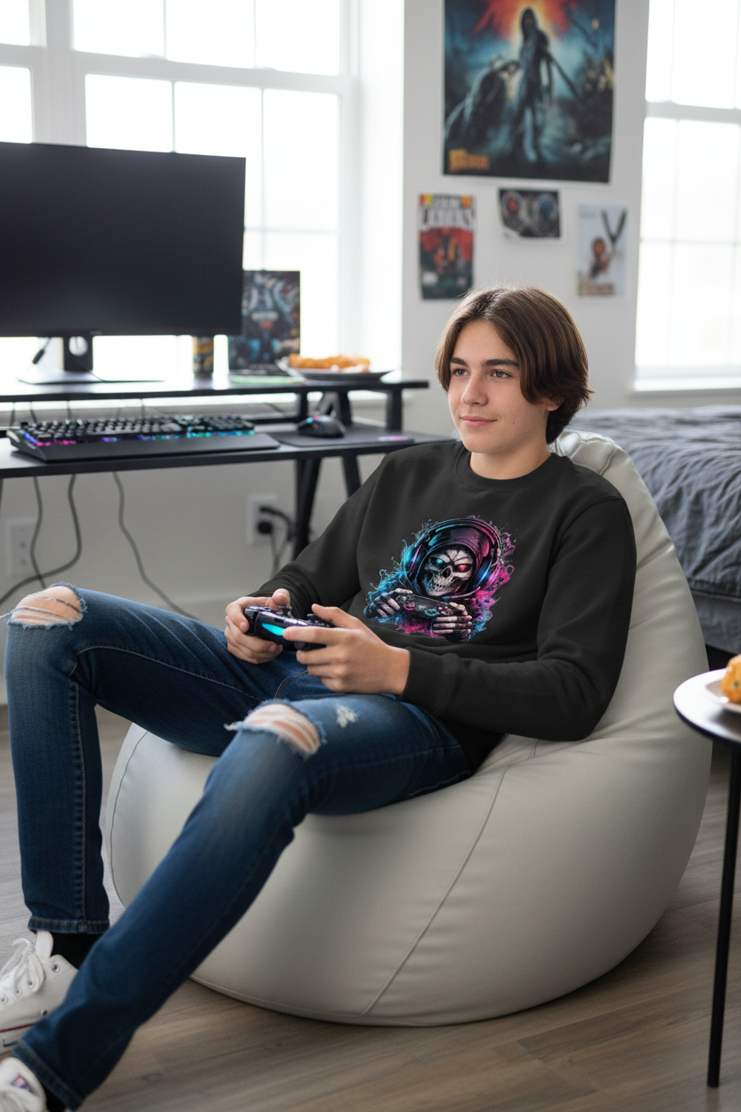 Kinder Sweatshirt Grimmiger Gamer mit leuchtendem Headset
