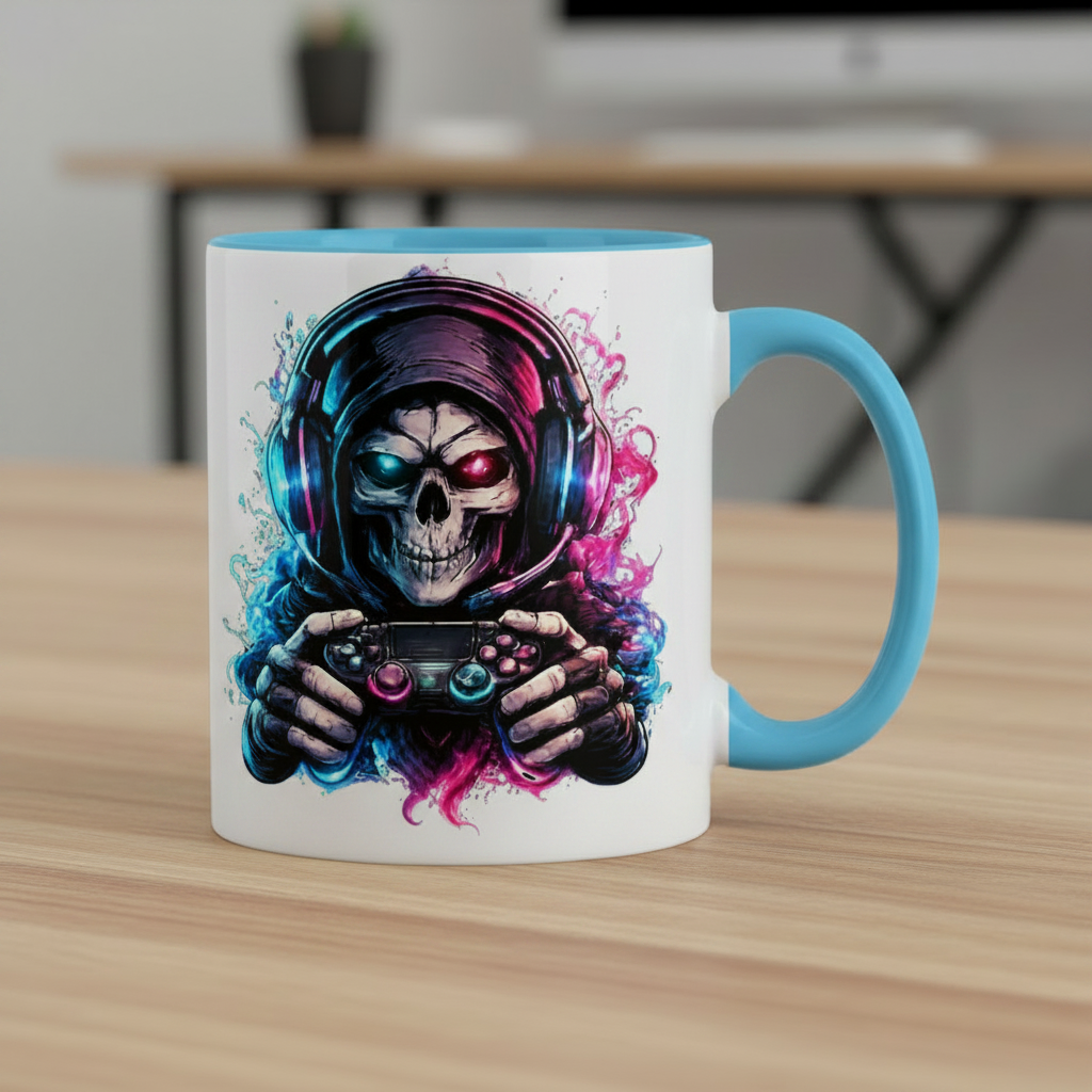 Tasse zweifarbig Grimmiger Gamer mit leuchtendem Headset