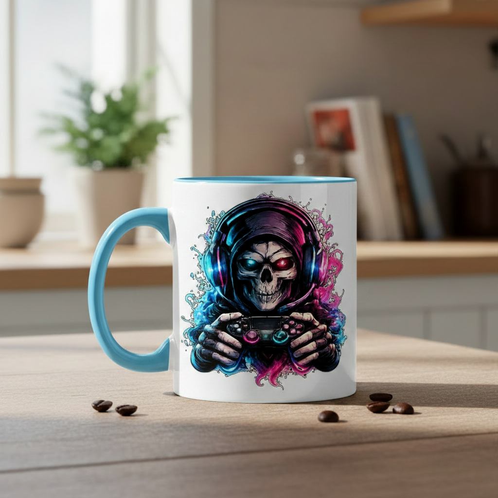 Tasse zweifarbig Grimmiger Gamer mit leuchtendem Headset