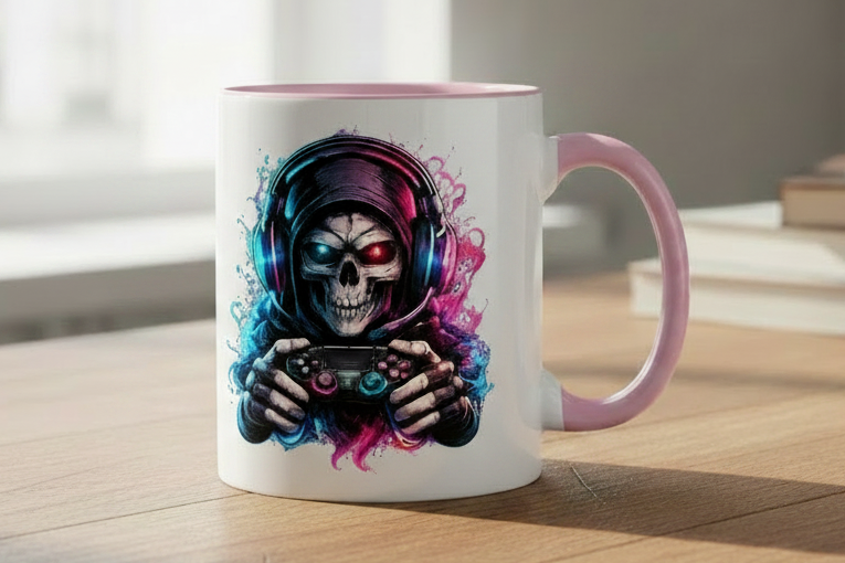 Tasse zweifarbig Grimmiger Gamer mit leuchtendem Headset