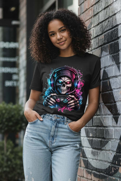 Kinder Basic T-Shirt Grimmiger Gamer mit leuchtendem Headset