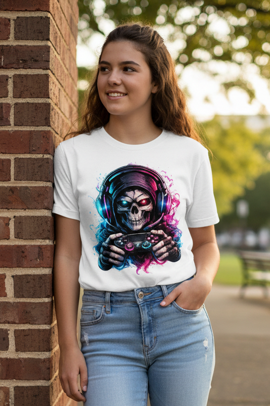 Kinder Basic T-Shirt Grimmiger Gamer mit leuchtendem Headset