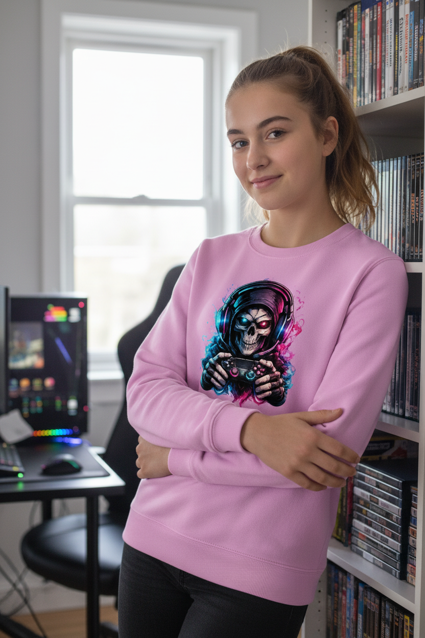 Kinder Sweatshirt Grimmiger Gamer mit leuchtendem Headset