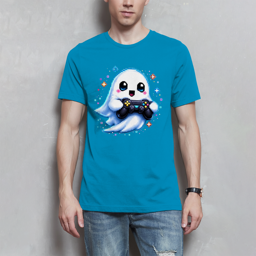 Herren T-Shirt Kleiner Geistermascot mit Spielcontroller