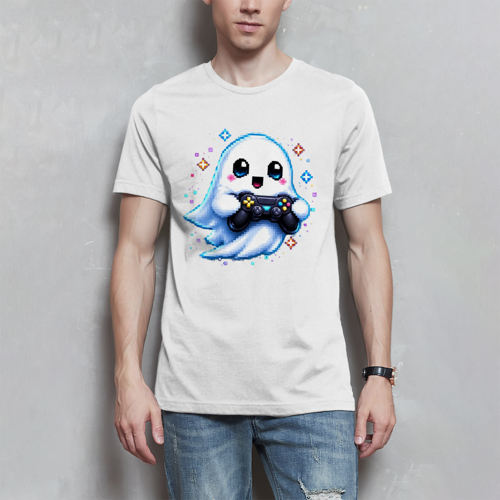 Herren T-Shirt Kleiner Geistermascot mit Spielcontroller