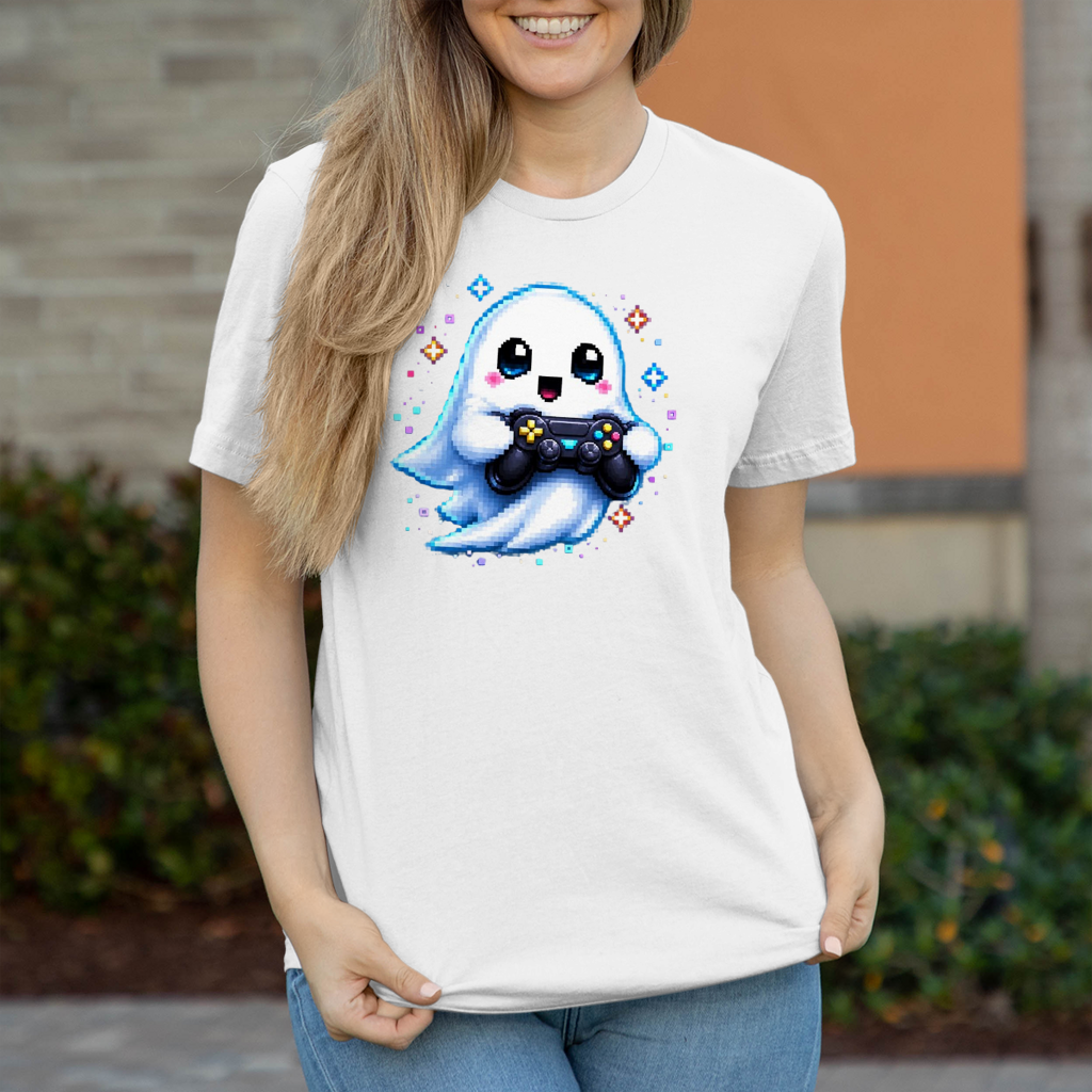 Damen T-Shirt Kleiner Geistermascot mit Spielcontroller