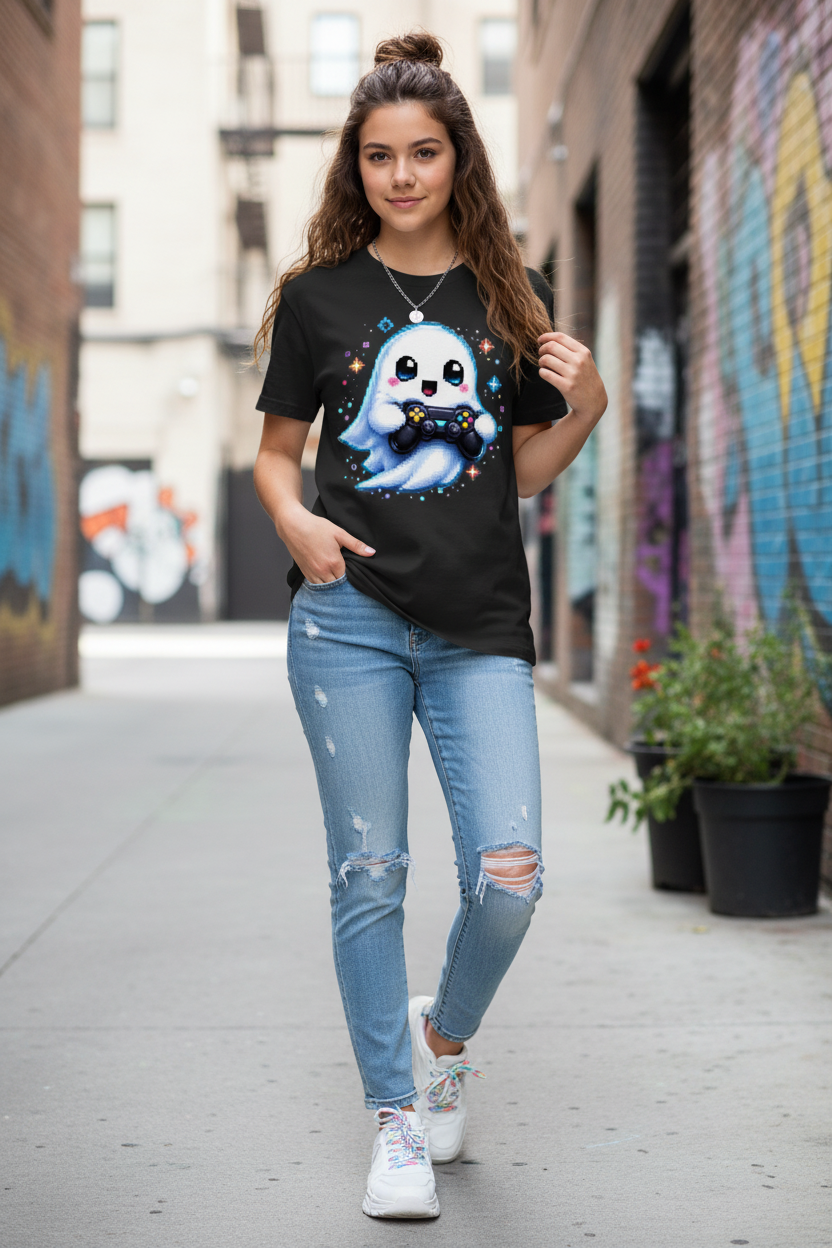 Kinder Basic T-Shirt Kleiner Geistermascot mit Spielcontroller