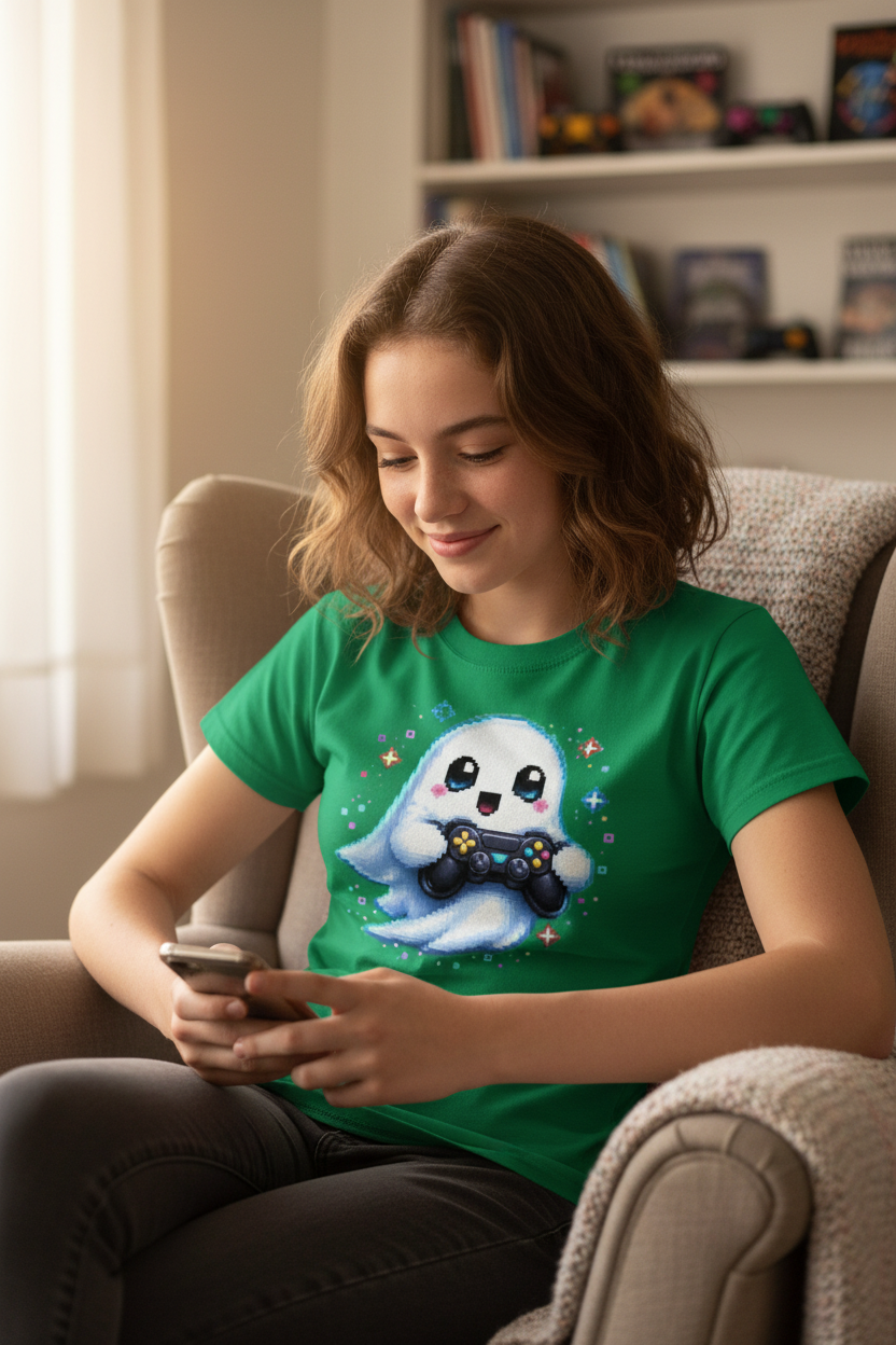 Kinder Basic T-Shirt Kleiner Geistermascot mit Spielcontroller