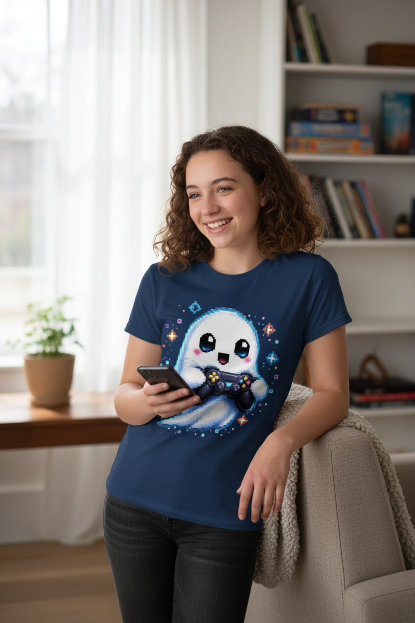 Kinder Basic T-Shirt Kleiner Geistermascot mit Spielcontroller