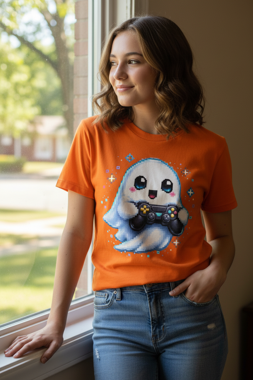 Kinder Basic T-Shirt Kleiner Geistermascot mit Spielcontroller