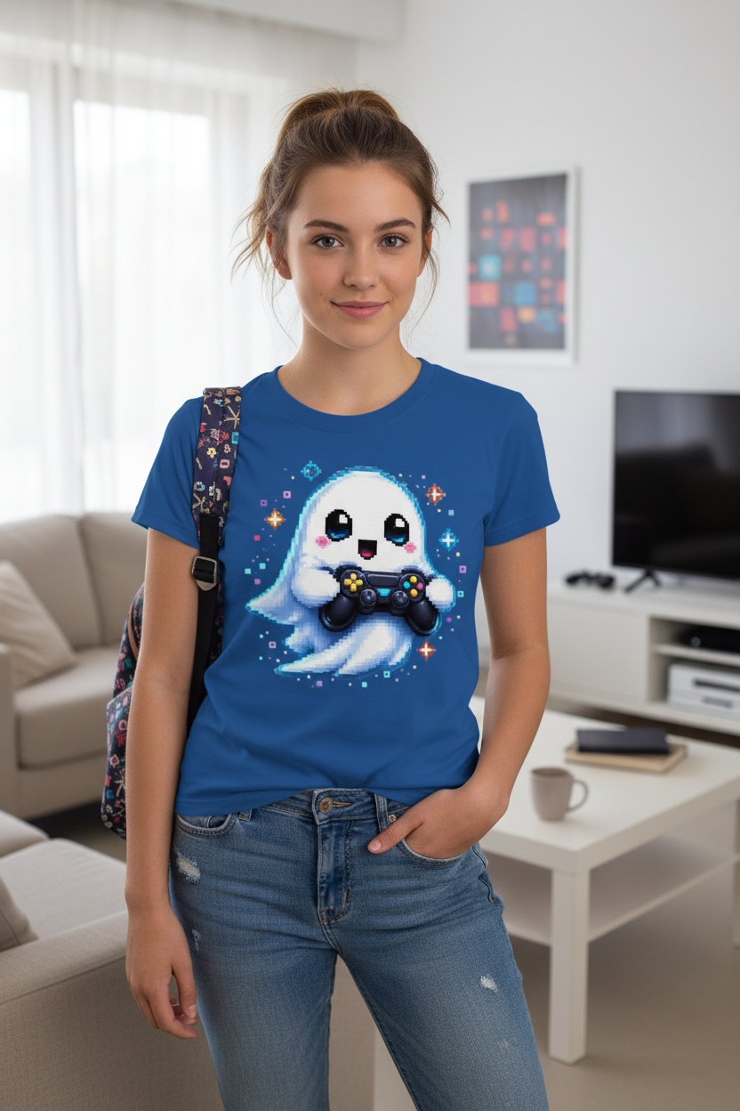 Kinder Basic T-Shirt Kleiner Geistermascot mit Spielcontroller
