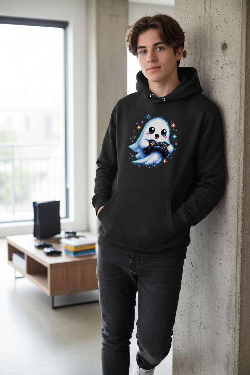 Kids Basic Hoodie Kleiner Geistermascot mit Spielcontroller