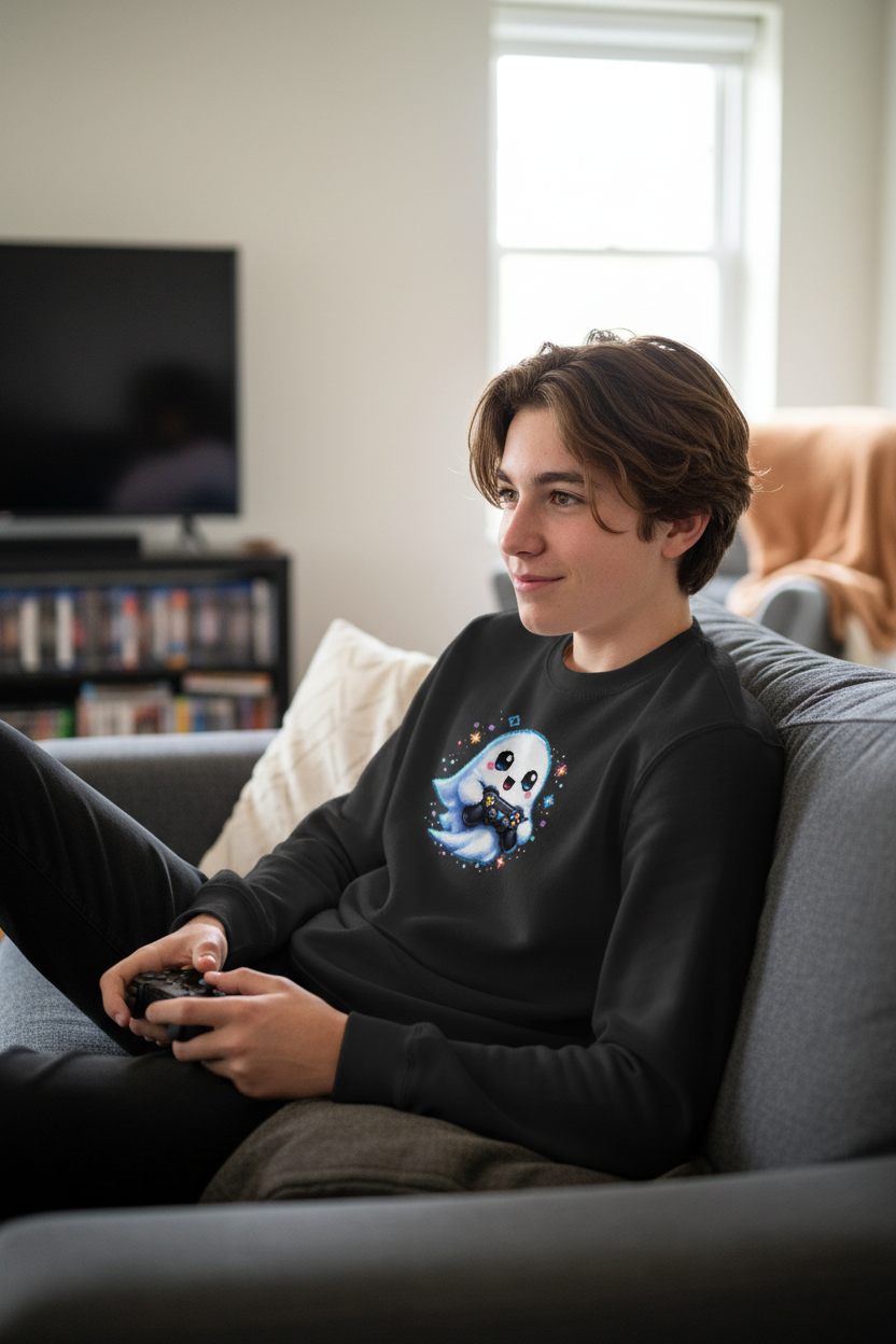 Kinder Sweatshirt Kleiner Geistermascot mit Spielcontroller