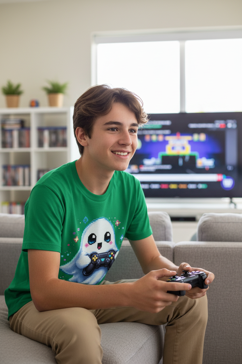 Kinder Basic T-Shirt Kleiner Geistermascot mit Spielcontroller