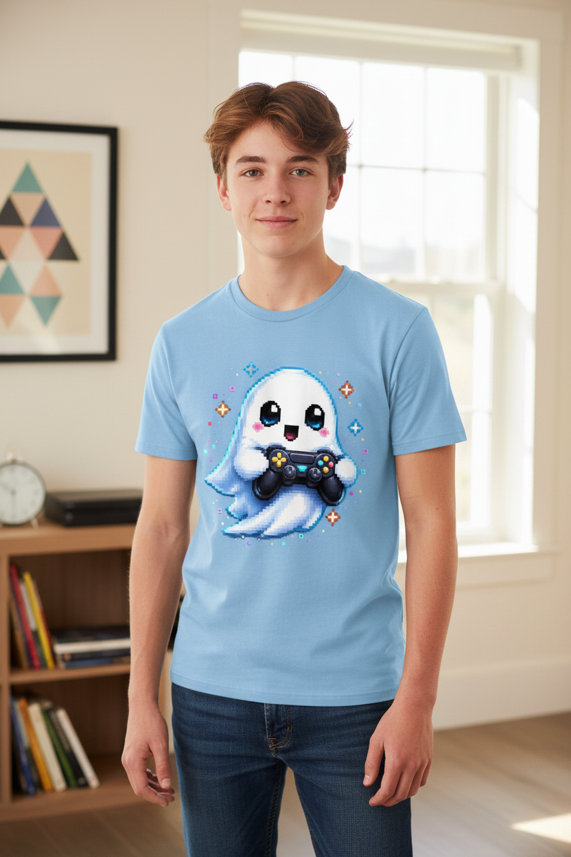 Kinder Basic T-Shirt Kleiner Geistermascot mit Spielcontroller