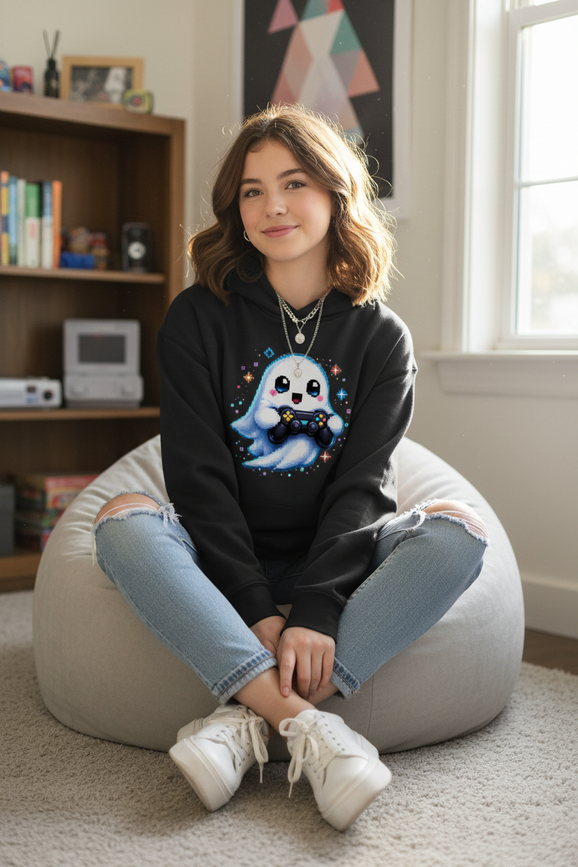 Kids Basic Hoodie Kleiner Geistermascot mit Spielcontroller