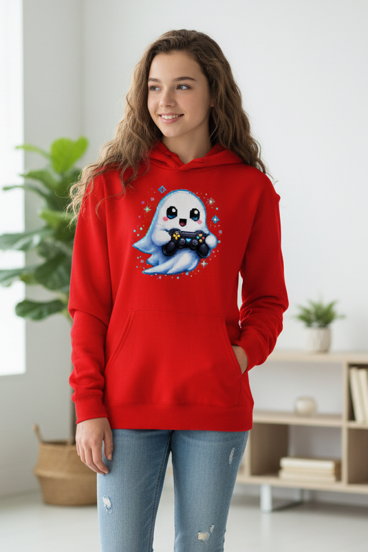 Kids Basic Hoodie Kleiner Geistermascot mit Spielcontroller