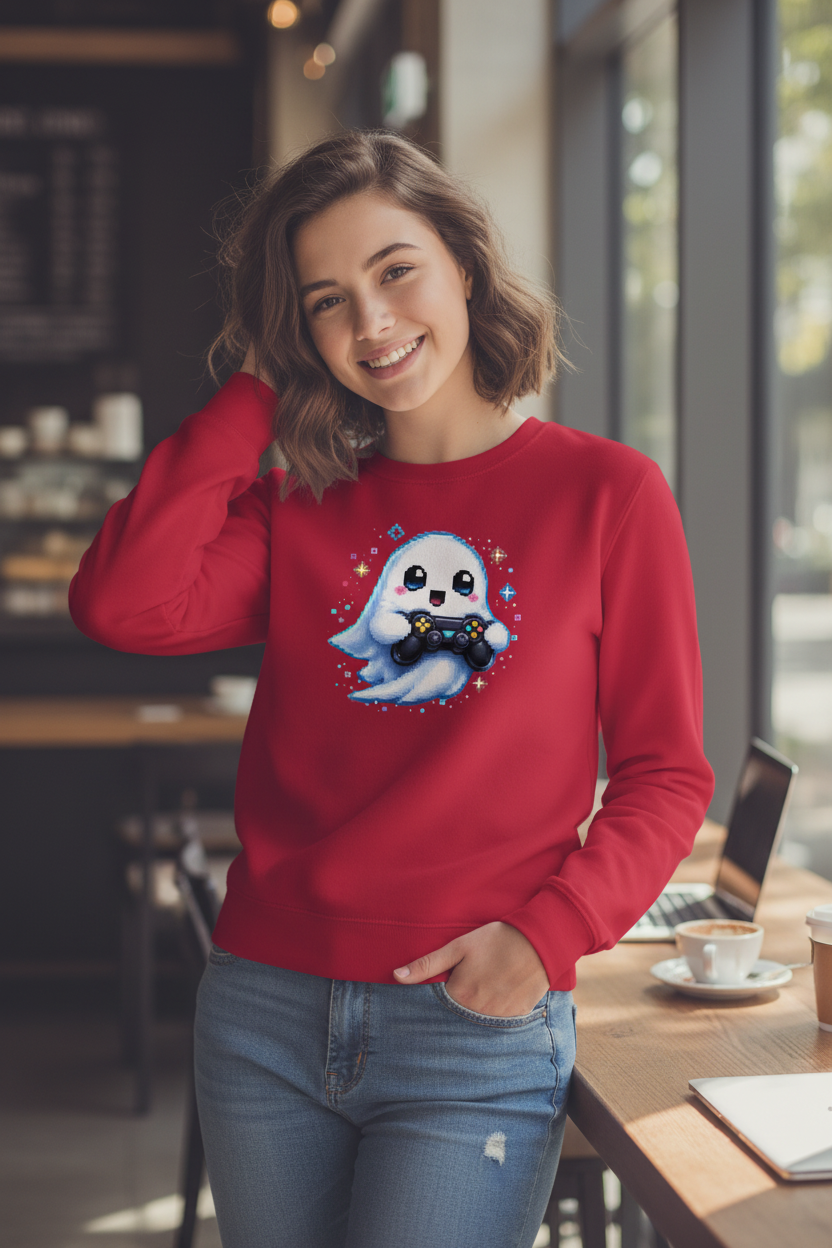 Kinder Sweatshirt Kleiner Geistermascot mit Spielcontroller