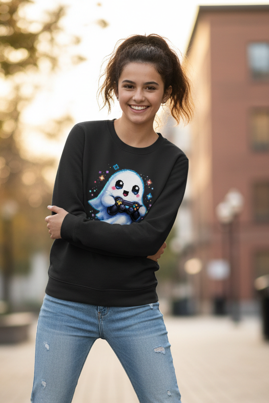 Kinder Sweatshirt Kleiner Geistermascot mit Spielcontroller