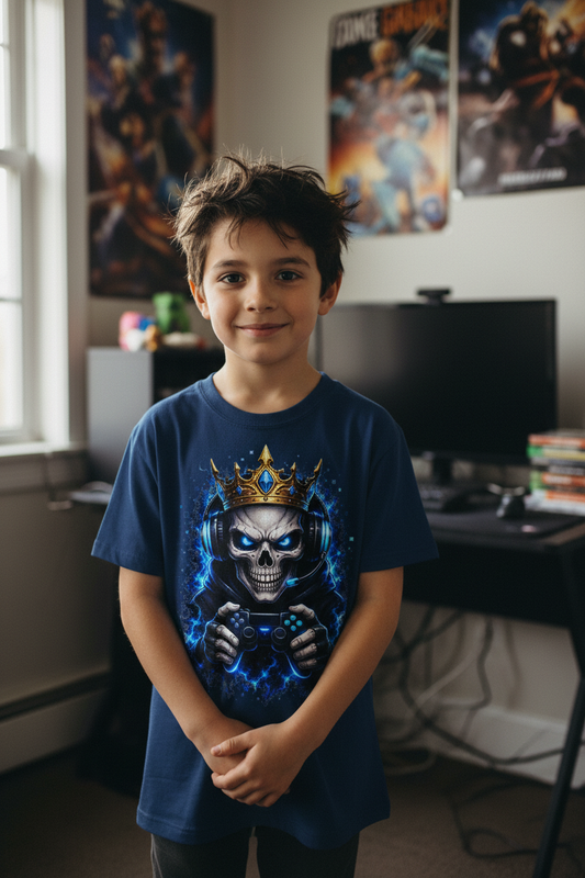 Kinder Basic T-Shirt Königlicher Gamer-Skelett-Maskottchen