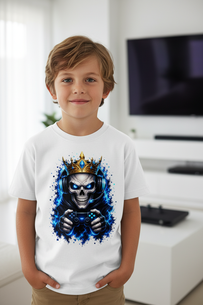 Kinder Basic T-Shirt Königlicher Gamer-Skelett-Maskottchen