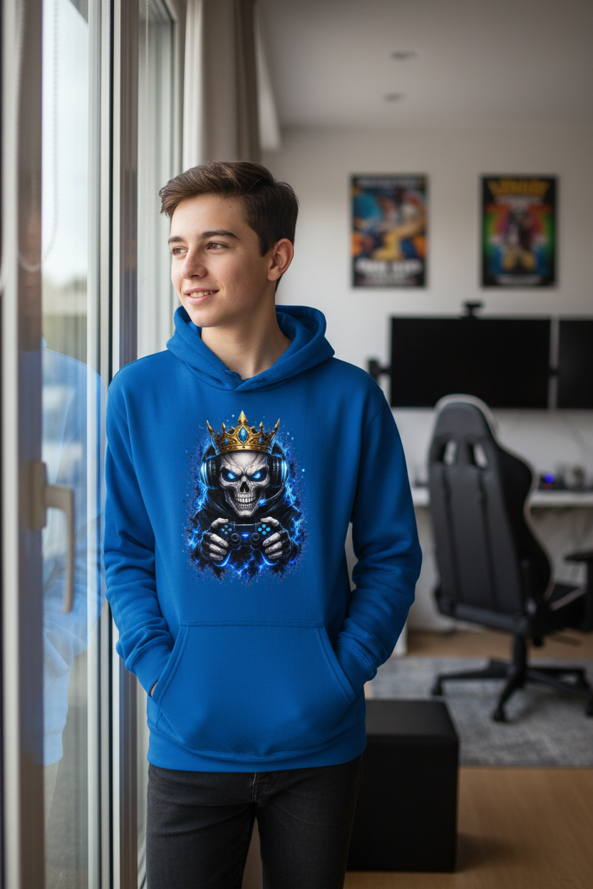 Kids Basic Hoodie Königlicher Gamer-Skelett-Maskottchen