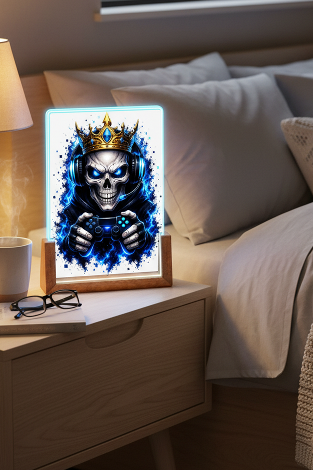 Beleuchteter Bilderrahmen Königlicher Gamer-Skelett-Maskottchen