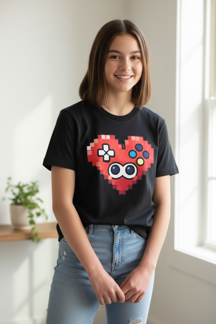 Kinder Basic T-Shirt Pixel Herz Controller