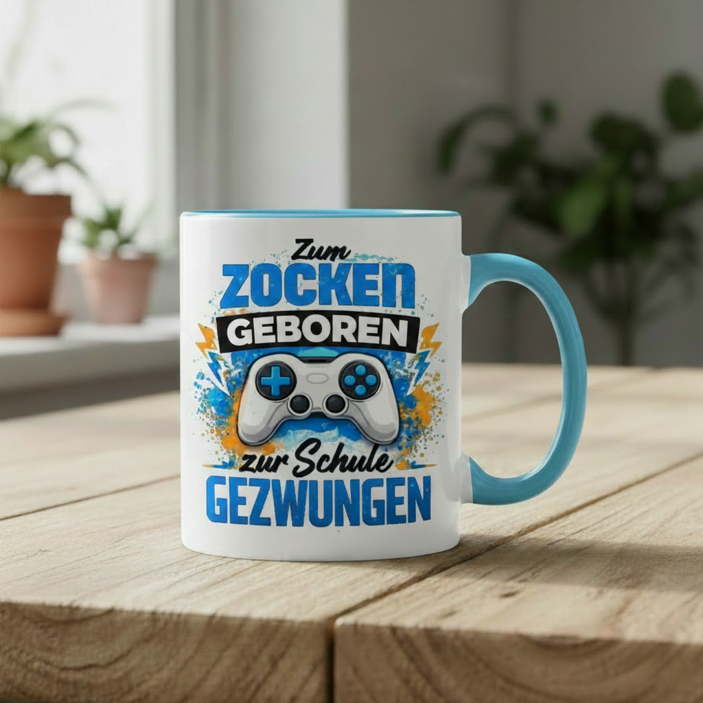 Tasse zweifarbig Zum Zocken geboren zur Schule gezwungen spruch