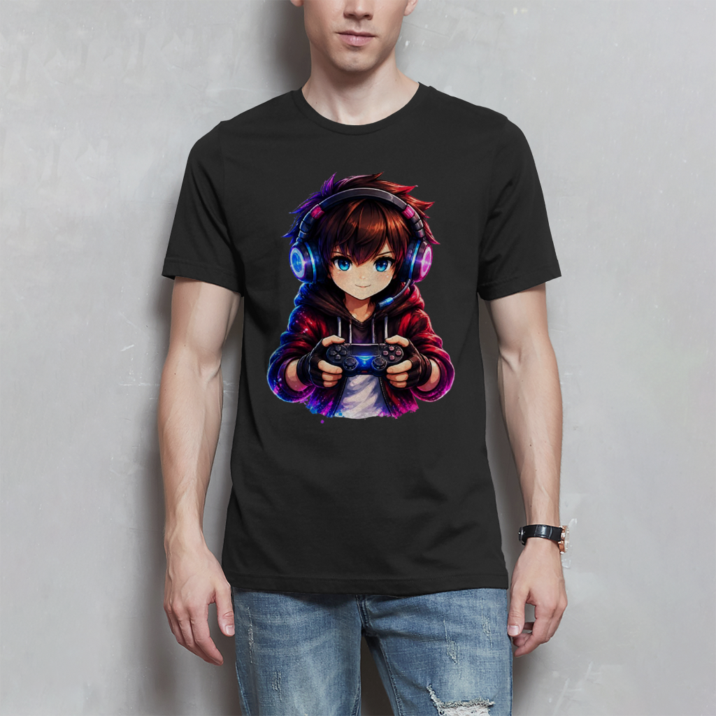 Herren T-Shirt Anime Gamer mit Neon-Lichtern