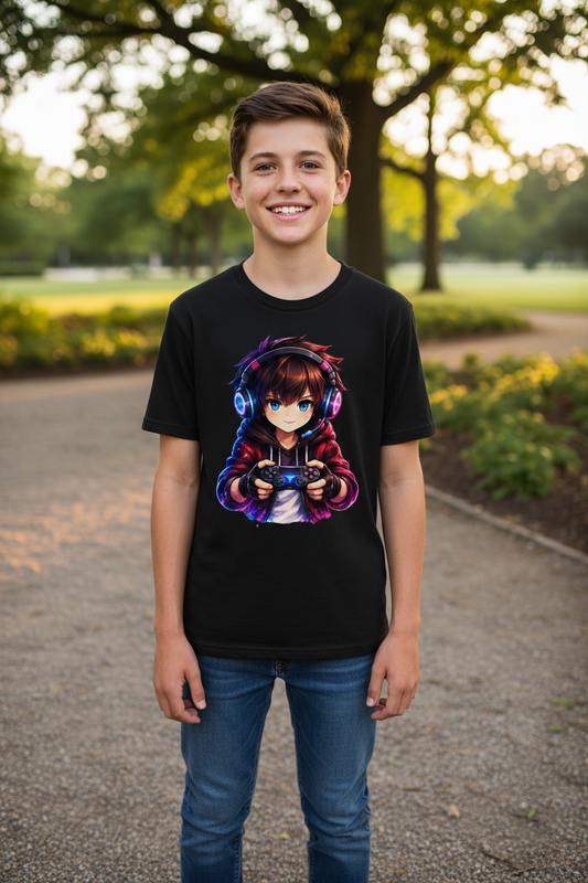 Kinder Basic T-Shirt Anime Gamer mit Neon-Lichtern