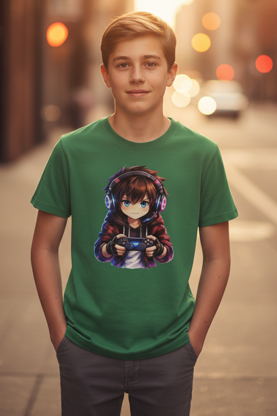 Kinder Basic T-Shirt Anime Gamer mit Neon-Lichtern