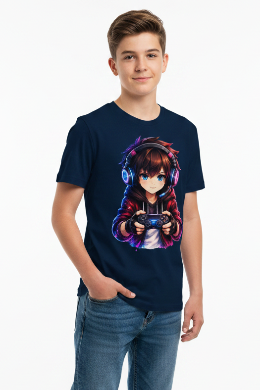 Kinder Basic T-Shirt Anime Gamer mit Neon-Lichtern