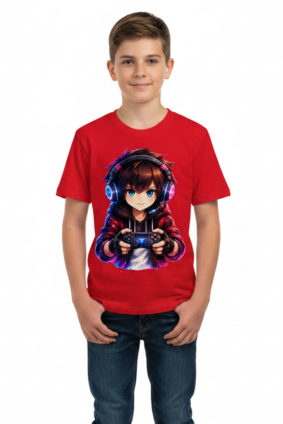 Kinder Basic T-Shirt Anime Gamer mit Neon-Lichtern